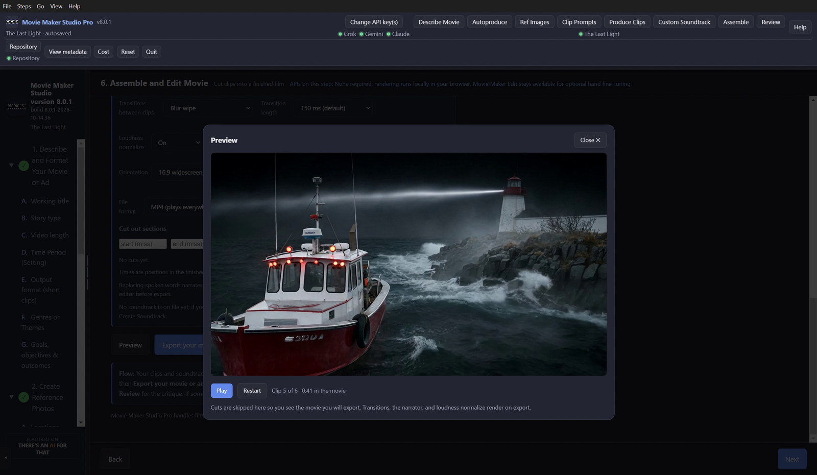 Preview the finished film, then export it on your own machine.