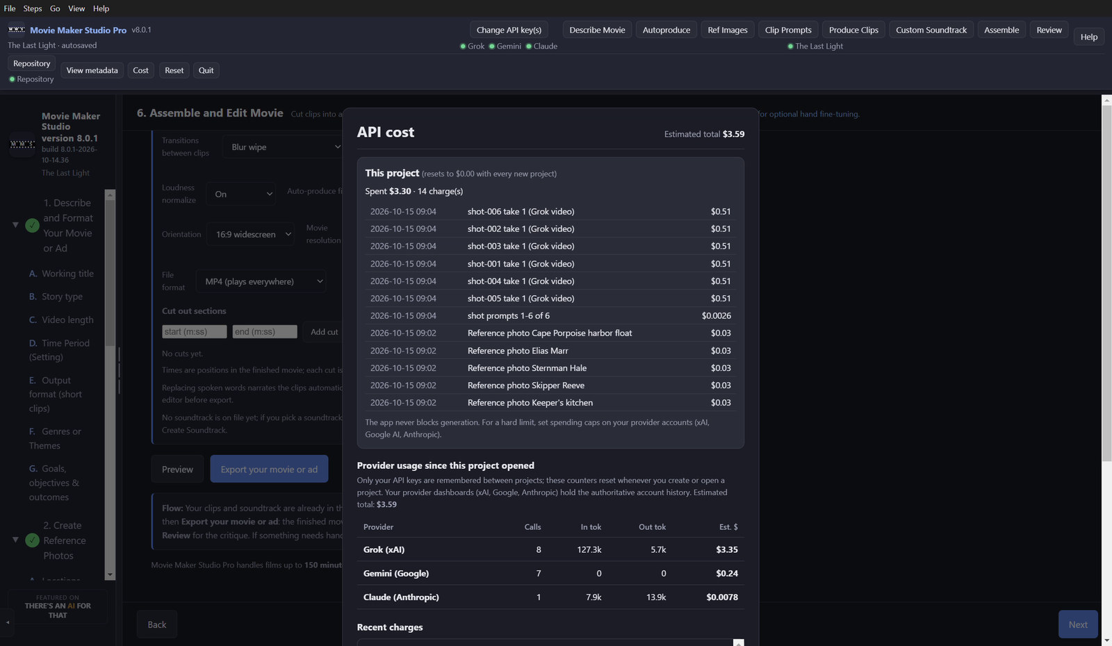 A running cost ledger, itemized by charge, that resets with every new project.